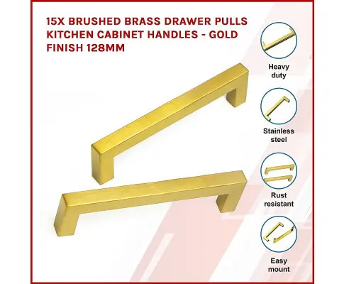 15x Brushed Brass Drawer Pulls Kitchen Cabinet Handles - Gold Finish 128mm