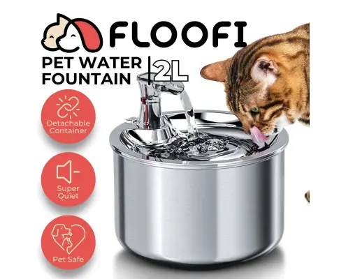 FLOOFI 2L Stainless Steel Pet Water Fountain for Cats and Small Dogs