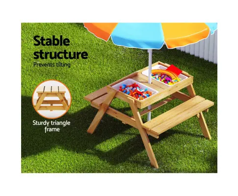 Keezi Kids Outdoor Table and Chairs Picnic Bench Umbrella Set Water Sand Pit Box