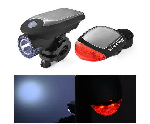 Solar Powered Bicycle Cycling Bike LED Headlight + Rear Tail Light Lamp LED with Gift Box