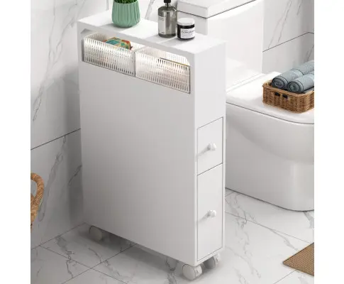 Removable Bathroom Side Cabinet Toilet Caddy with Storage Drawers- White