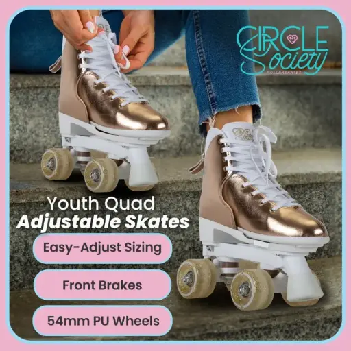 CIRCLE SOCIETY ADJUSTABLE QUAD KIDS ROLLER SKATES - METALLIC ROSE GOLD