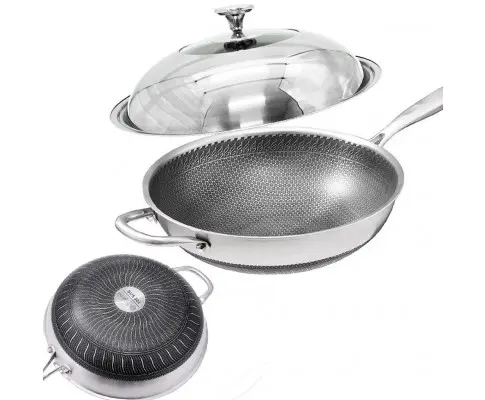 34cm 304 Stainless Steel Non-Stick Stir Fry Cooking Kitchen Honeycomb Wok Pan with Lid