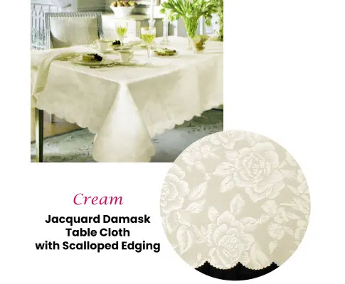 Jacquard Damask Design with Scalloped Edging Table Cloth Cream 140 x 180 cm