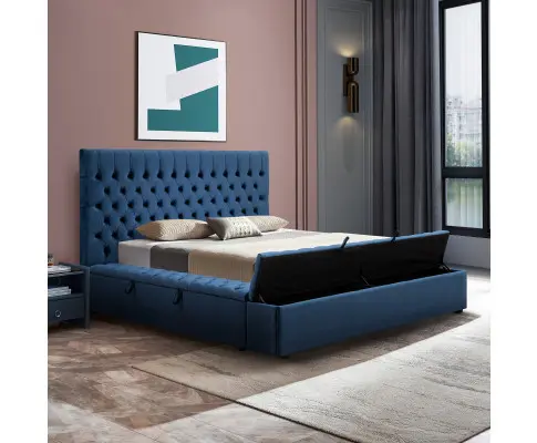 Queen Size Bedframe Velvet Upholstery Deep Blue Colour Tufted Headboard Deep Quilting