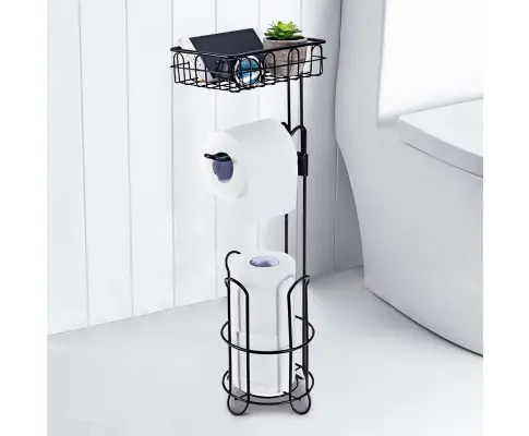 Toilet Paper Holder Stand and Storage Dispenser with Shelf for Bathroom