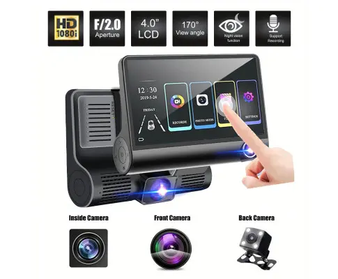 Front and Rear Triple Lens Dash Cam 1080P HD 4-inch touch screen wide-angle lens