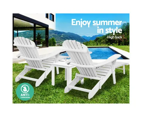 Gardeon 3PC Adirondack Outdoor Table and Chairs Wooden Sun Lounge Beach Patio White