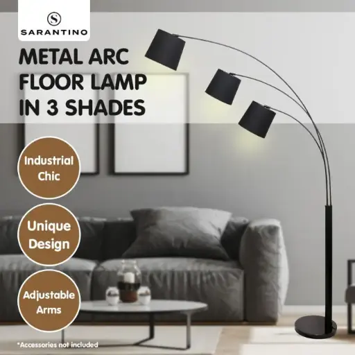 SARANTINO 3-LIGHT ARC FLOOR LAMP ADJUSTABLE BLACK TAPER SHADES