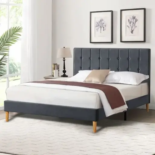 Levede Bed Frame Queen Size Mattress Base Platform Wooden Velvett Headboard Grey