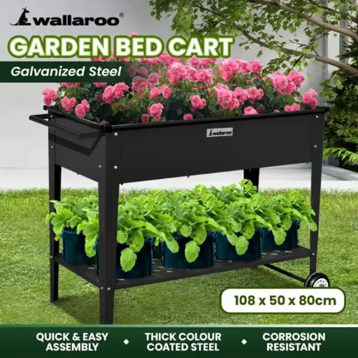 WALLAROO GARDEN BED RAISED 108.5 X 50.5 X 80CM GALVANIZED STEEL BLACK