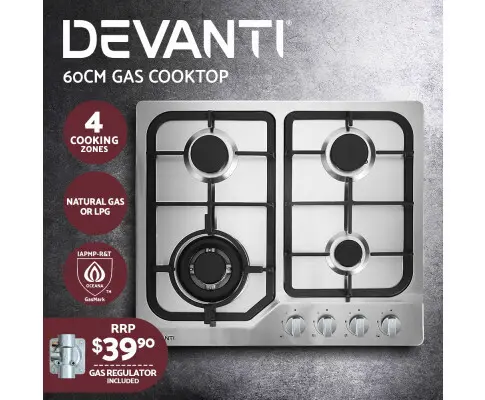 Devanti Gas Cooktop 60cm Gas Stove Cooker 4 Burner Cook Top Konbs NG LPG Steel