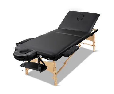 Zenses Massage Table 70cm Portable 3 Fold Wooden Beauty Bed Black